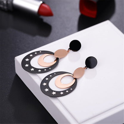 Black and 18K Rose Gold-Plated Star Circle Drop Earrings, rose gold drop earrings for women, styled look