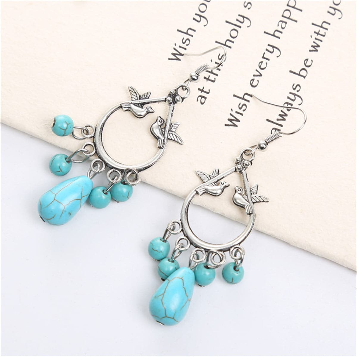 Turquoise & Silver-Plated Bird Teardrop Earrings