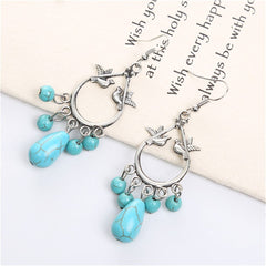 Turquoise & Silver-Plated Bird Teardrop Earrings