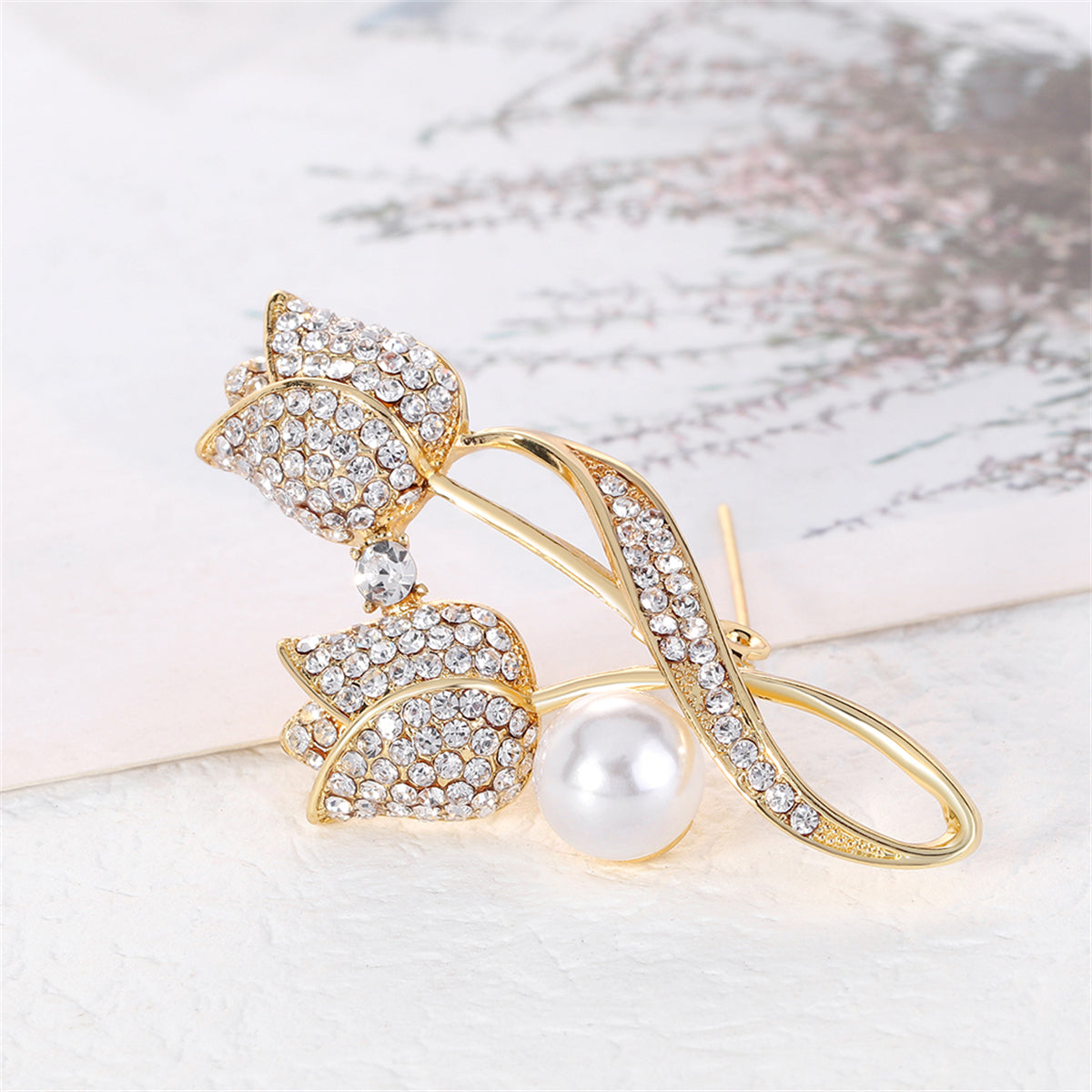Cubic Zirconia & Pearl 18K Gold-Plated Tulips Brooch