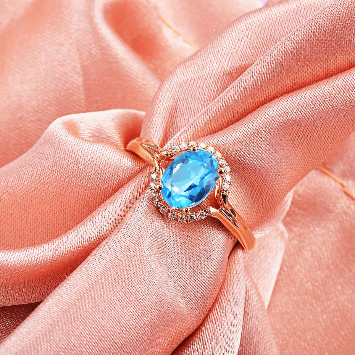 Blue Crystal & Cubic Zirconia 18K Rose Gold-Plated Halo Oval Ring
