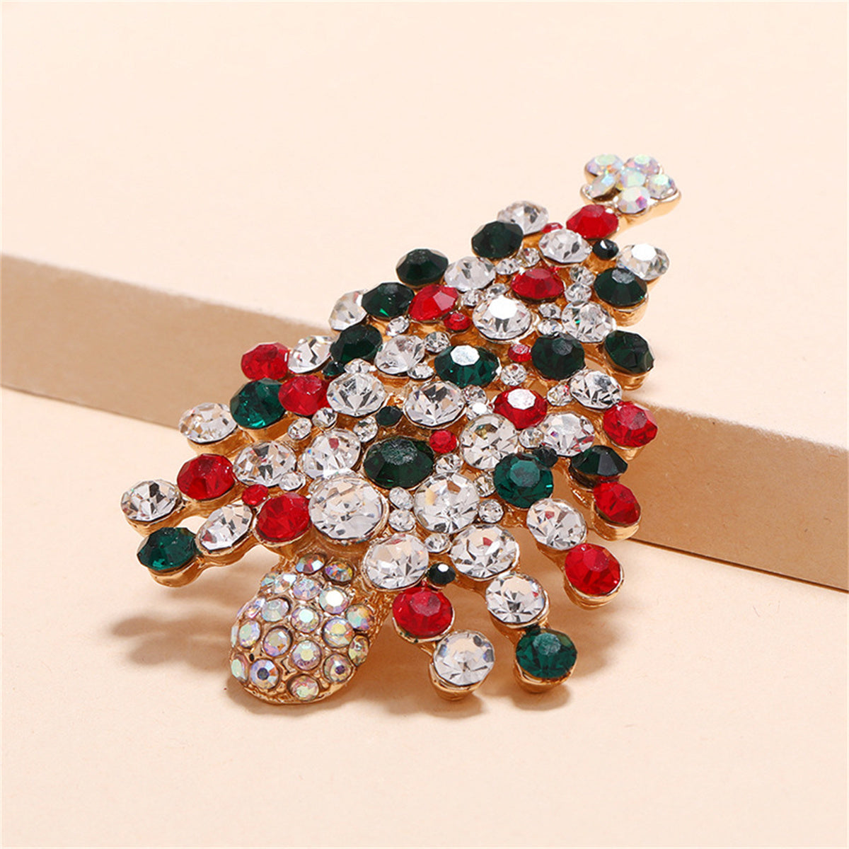 Red and White Cubic Zirconia Christmas Tree Brooch, brooch pin, botanical inspired, detail close-up