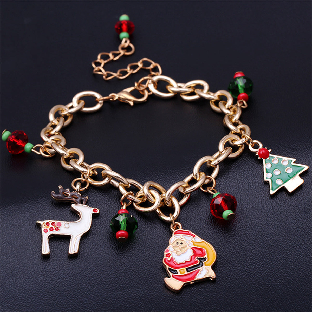 Red and Green Cubic Zirconia Santa Reindeer Cable Chain Charm Bracelet, bracelet for women, everyday style, detail close-up
