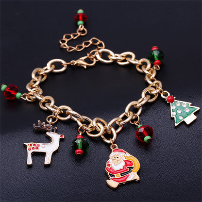 Red and Green Cubic Zirconia Santa Reindeer Cable Chain Charm Bracelet, bracelet for women, everyday style, detail close-up