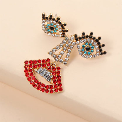 Red and White Cubic Zirconia Eye Stud and Lips Drop Earrings, stud earrings for women, vintage-inspired design, side view