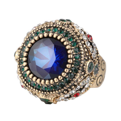 Blue Cubic Zirconia and 18K Gold Plated Round Ring, gold statement rings for women, vintage-inspired design, side view