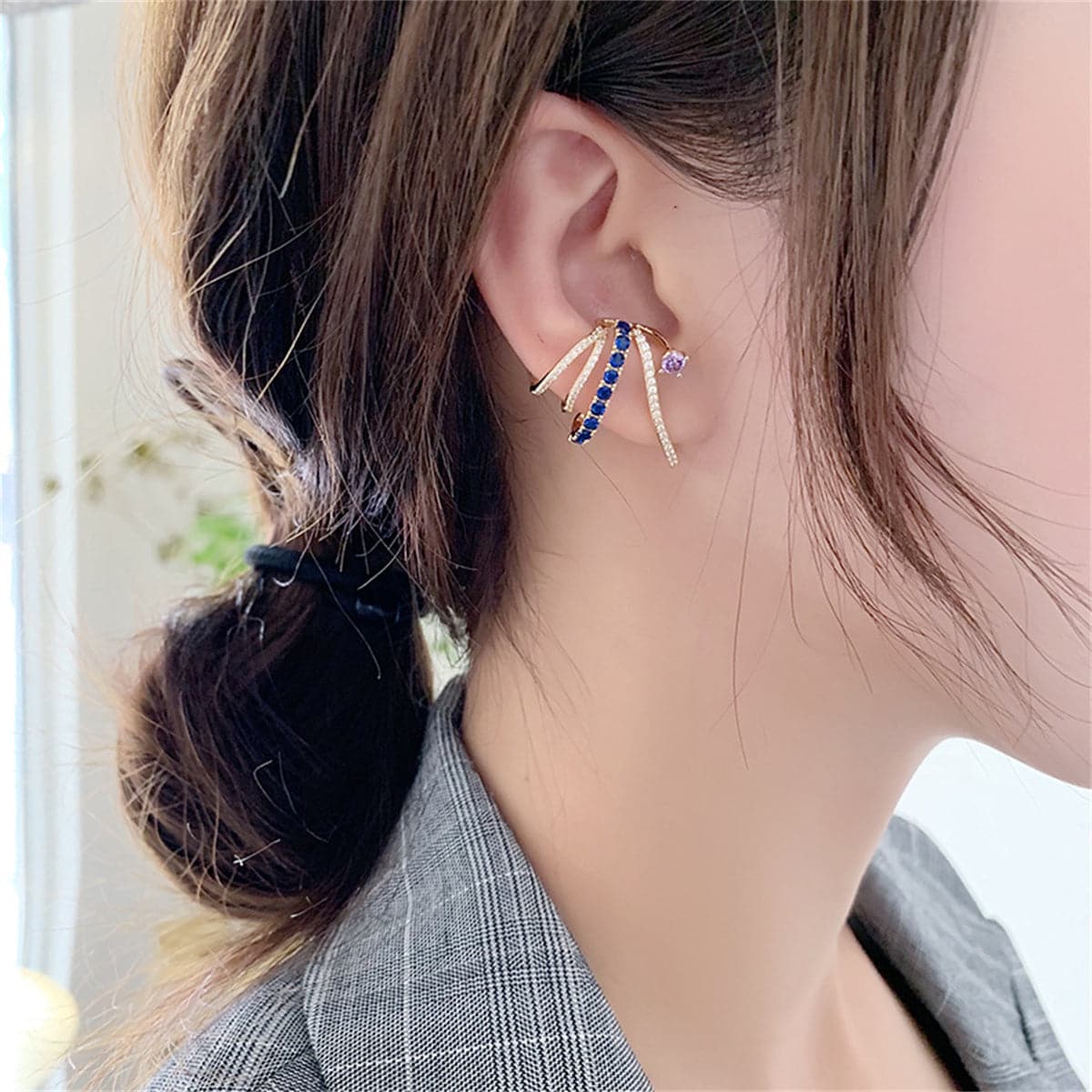 Cubic Zirconia and 18K Gold-Plated Mismatch Wing Stud Earrings, gold stud earrings for women, botanical inspired, front view