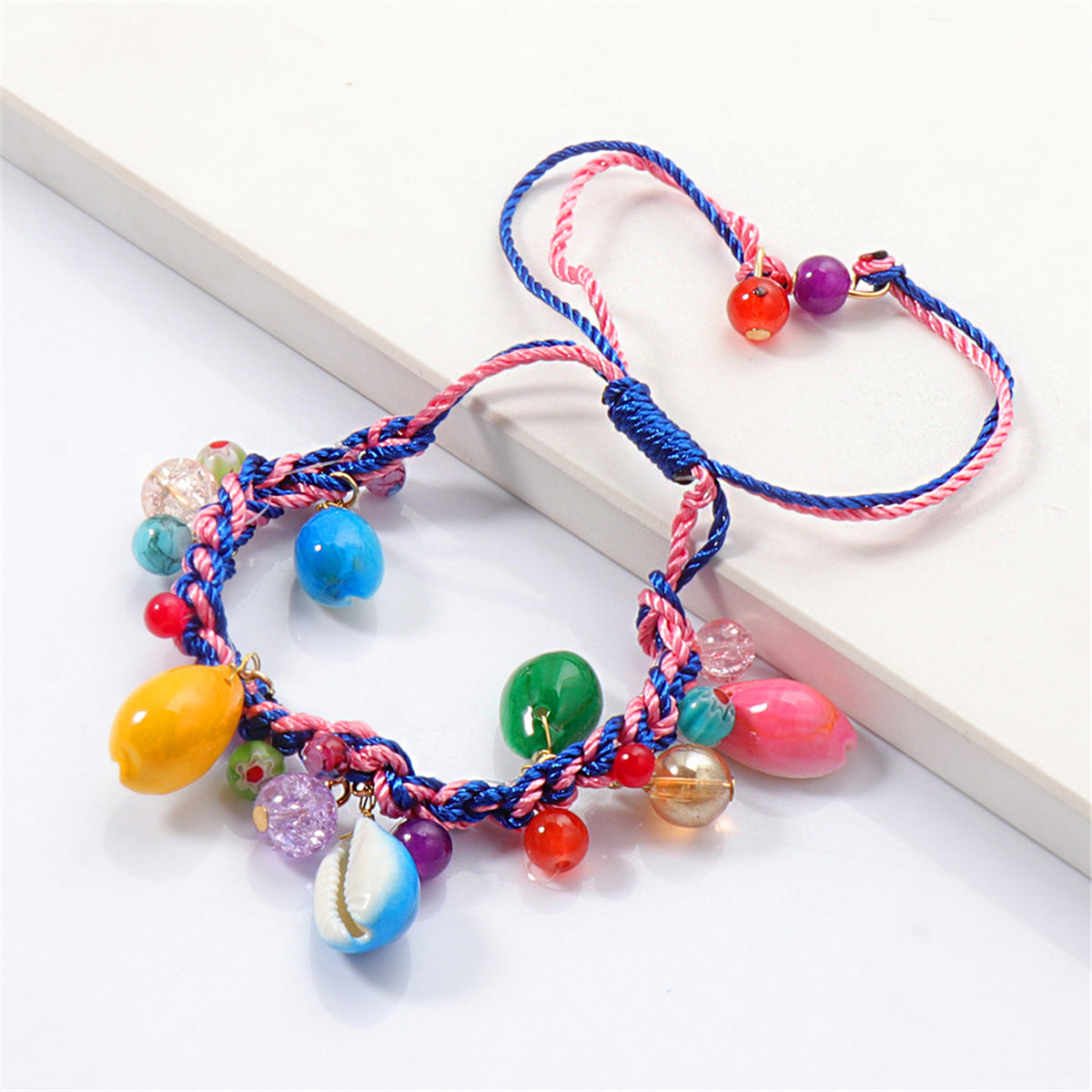 Jewel-Tone & Shell Braided Adjustable Bracelet