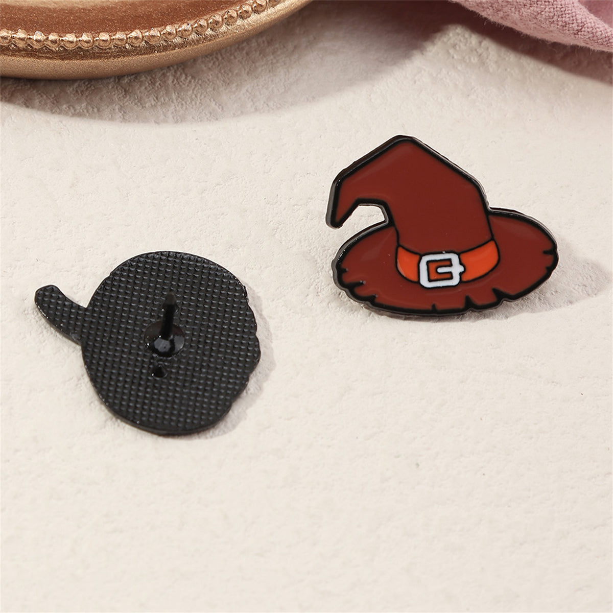 Enamel & Rhodium Plated Pumpkin Witch Hat Badge Set