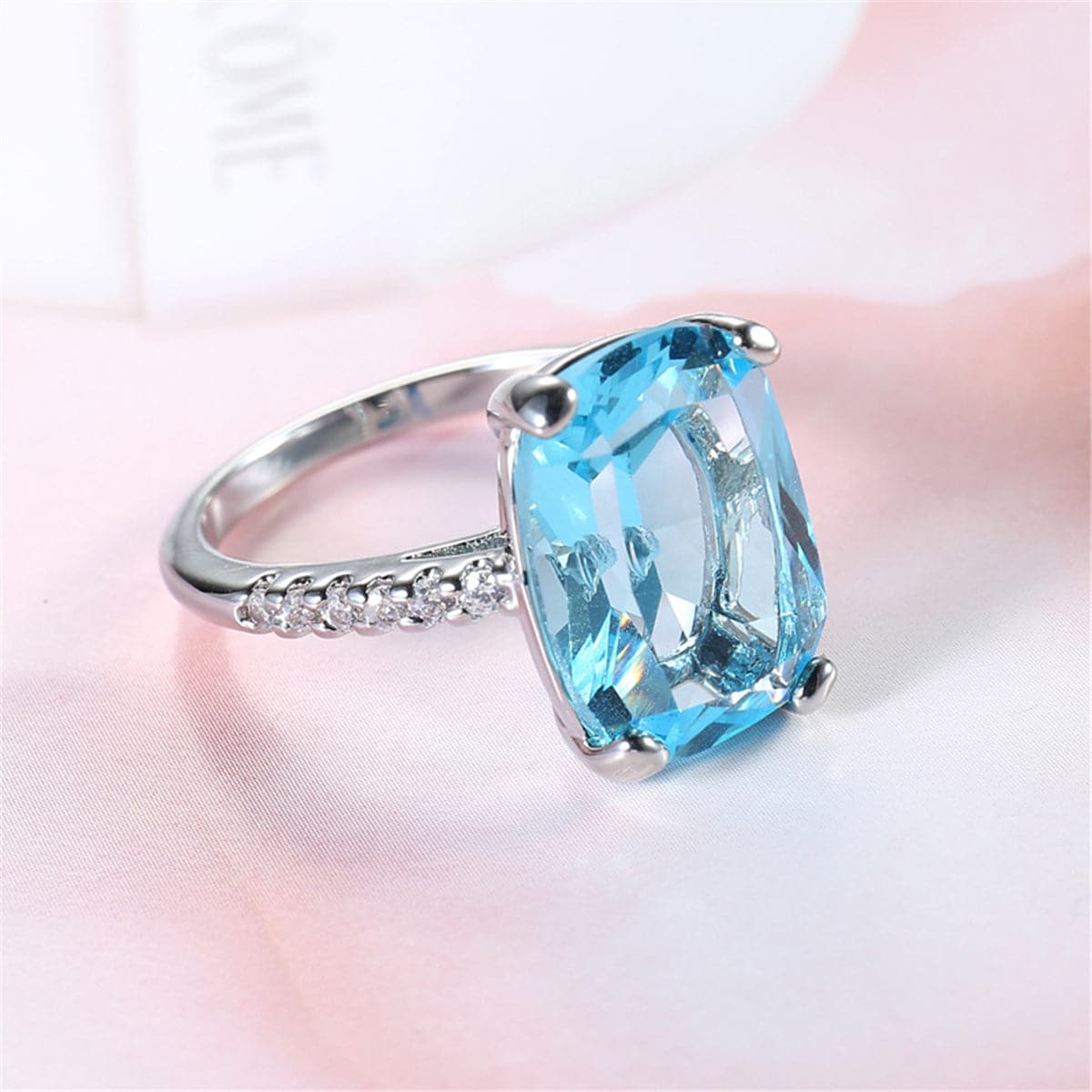 Blue Crystal & Silver-Plated Radiant-Cut Ring