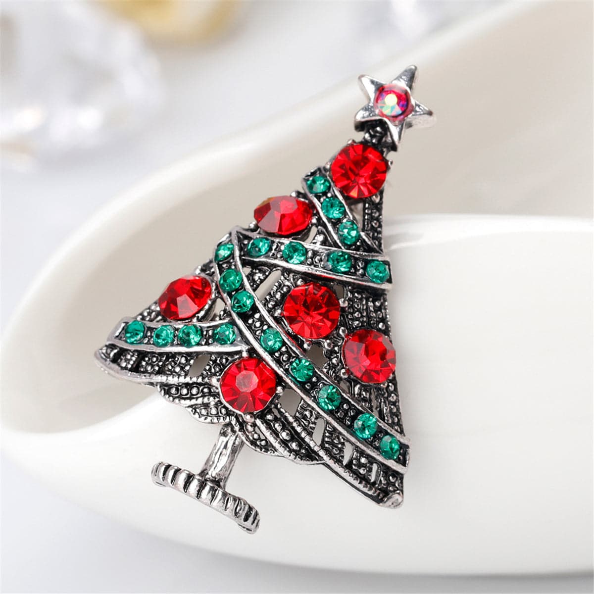 Red Cubic Zirconia & Silver-Plated Christmas Tree Brooch