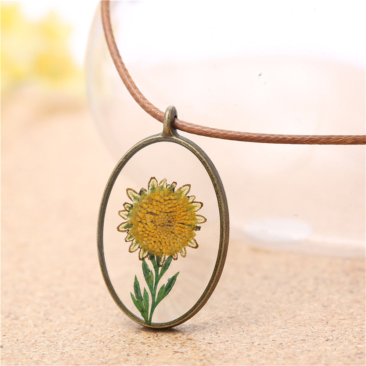 Yellow Mum Oval Pendant Necklace