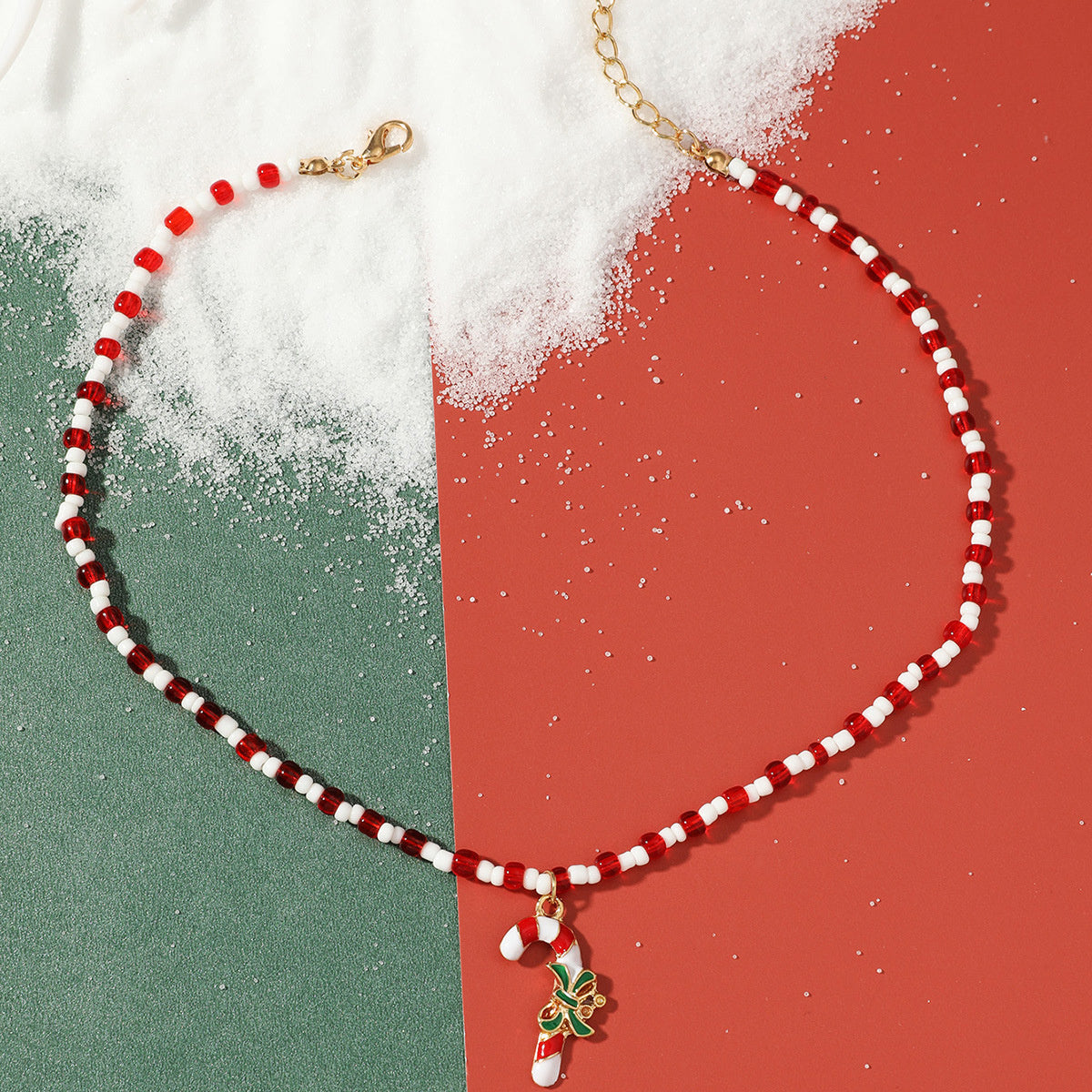 Red Acrylic & Howlite Beaded Candy Cane Pendant Necklace