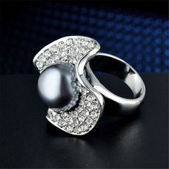Gray Pearl & Cubic Zirconia Silver-Plated Lotus Ring