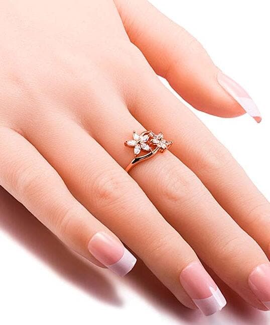 Crystal and 18K Rose Gold-Plated Double Clover Ring, rose gold statement rings for women, detail close-up