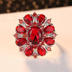 Red Crystal & Silver-Plated Flower Ring