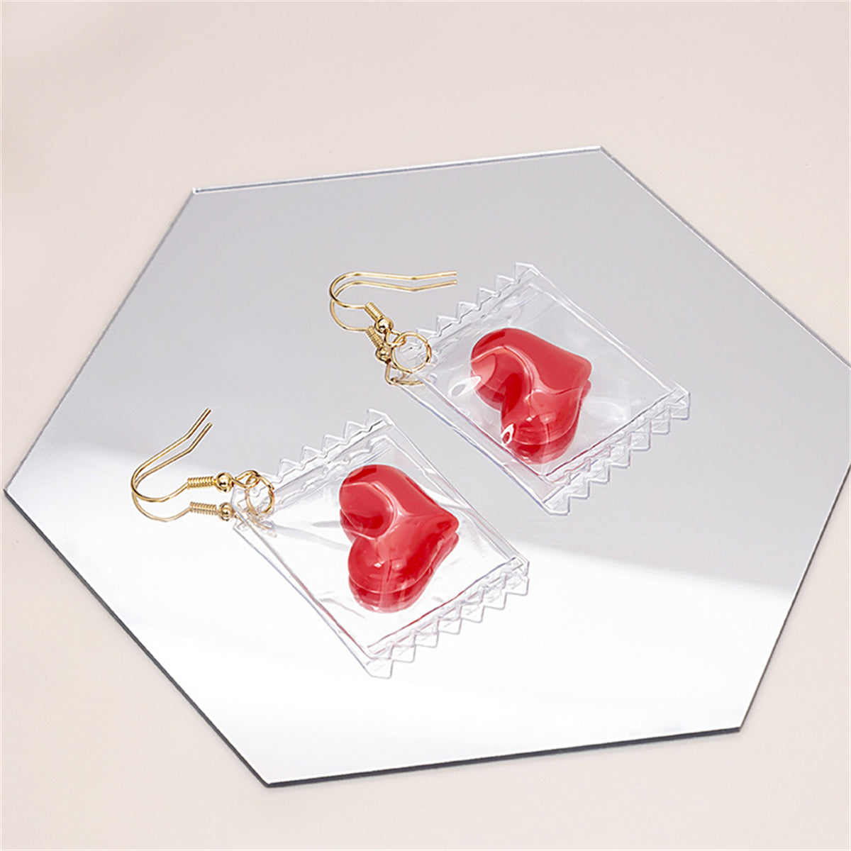 Red Resin and 18K Gold-Plated Heart Candy Drop Earrings, gold drop earrings for women, elegant gift for her, front view