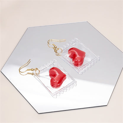 Red Resin and 18K Gold-Plated Heart Candy Drop Earrings, gold drop earrings for women, elegant gift for her, front view