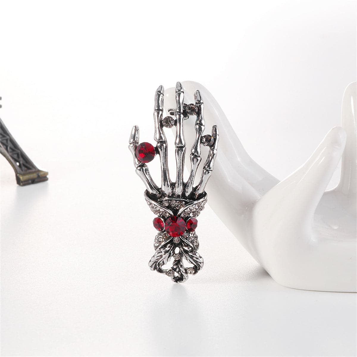 Cubic Zirconia and Silver-Plated Skeleton Hand Brooch, silver brooch pin, dainty minimalist design, side view