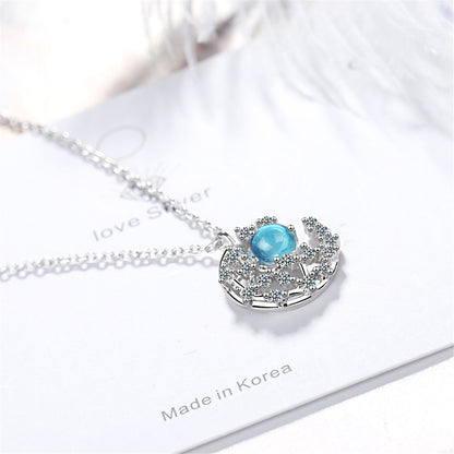 Blue Crystal and Cubic Zirconia Crescent Moon Pendant Necklace, pendant necklace for women, detail close-up