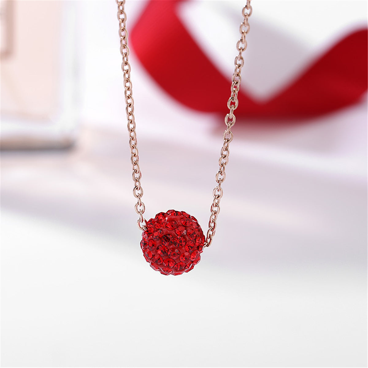 Red Cubic Zirconia and 18K Rose Gold-Plated Ball Pendant Necklace, rose gold pendant necklace for women, lifestyle look