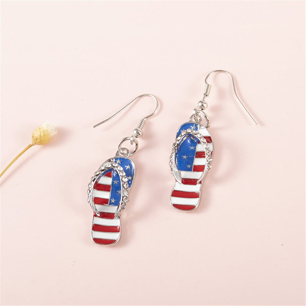 Blue and Red Cubic Zirconia and Enamel Flip-Flop Drop Earrings, drop earrings for women, botanical inspired, detail close-up