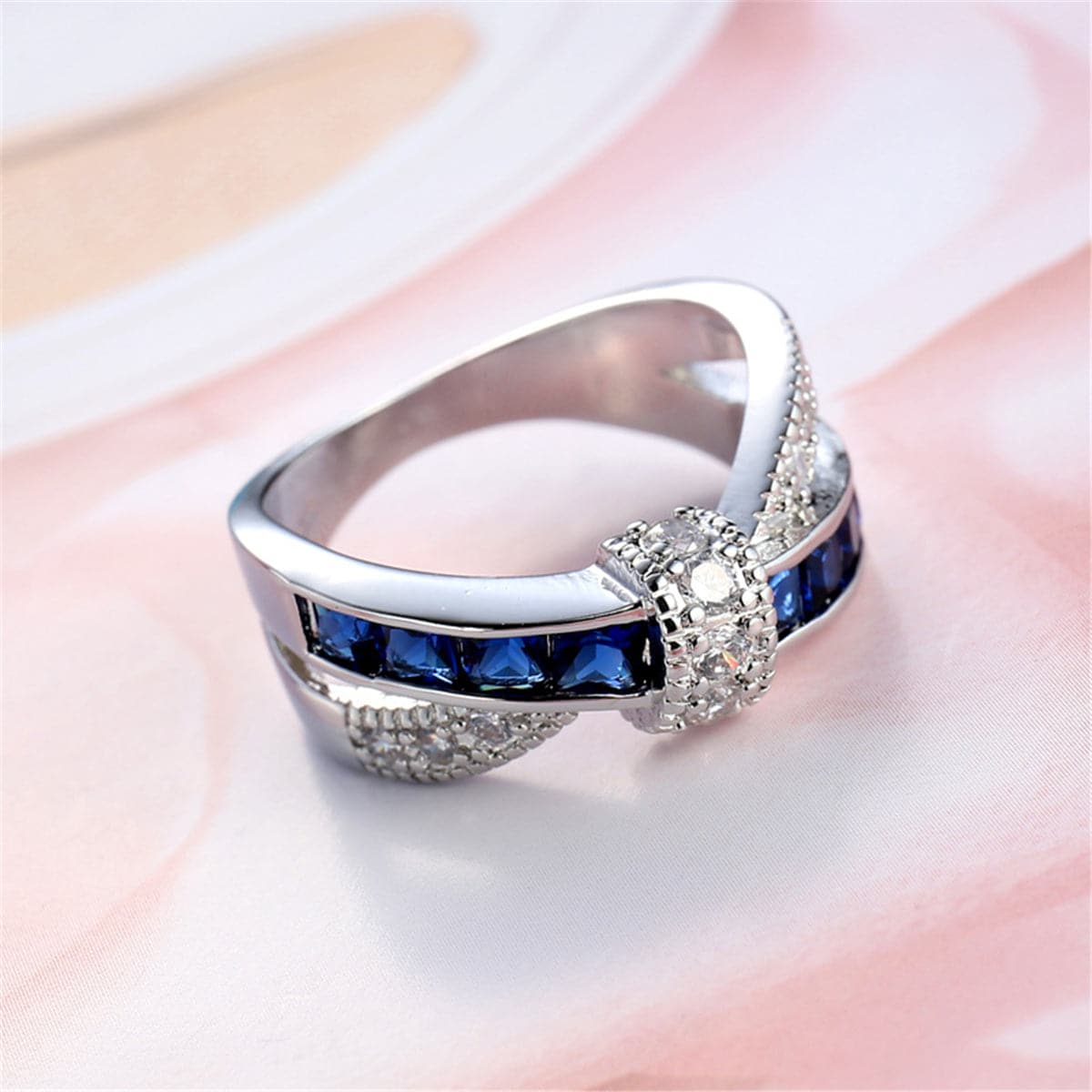 Navy Crystal and Cubic Zirconia Overlapping Ring, statement rings for women, everyday style, front view