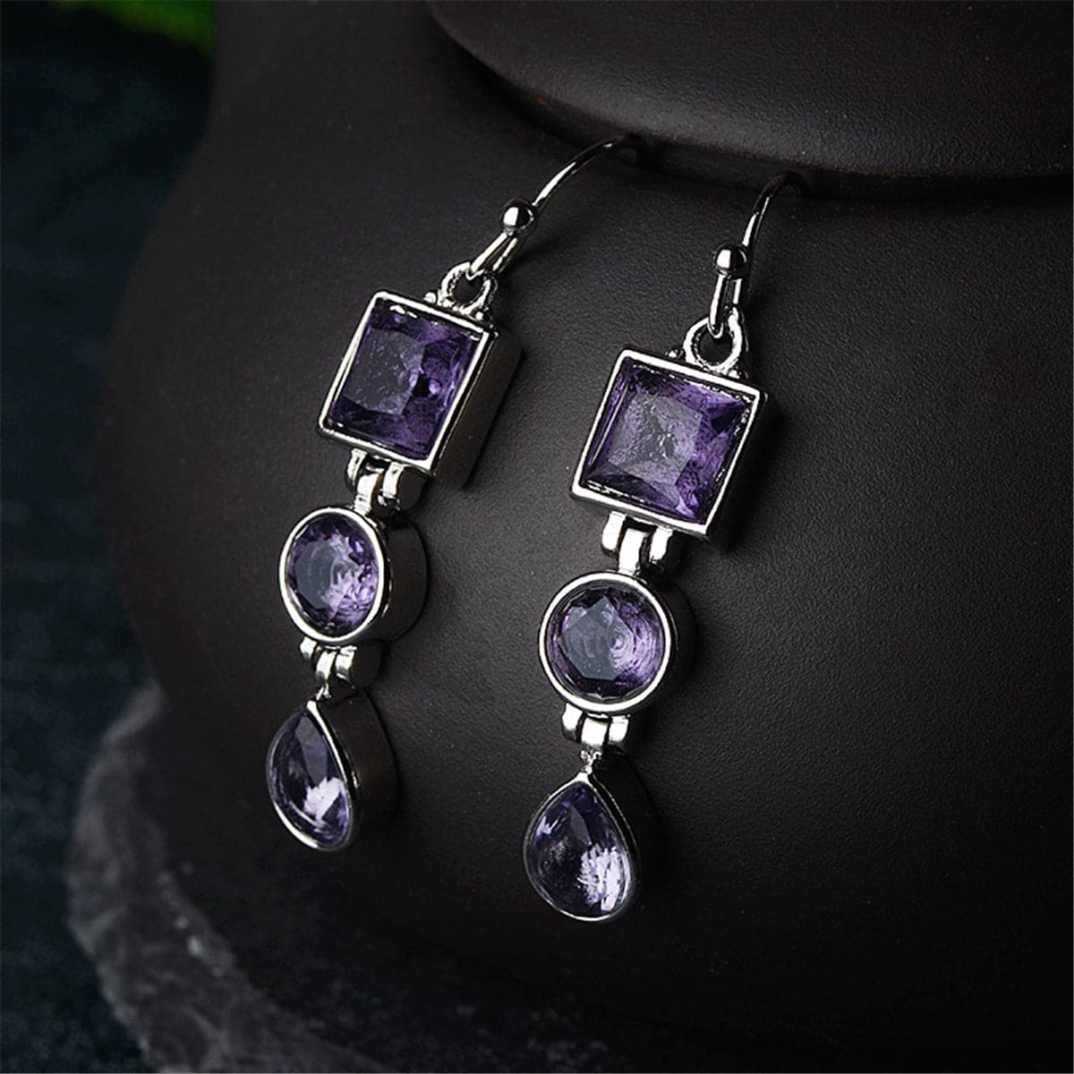 Purple Crystal & Silver-Plated Tri-Layer Drop Earrings - streetregion