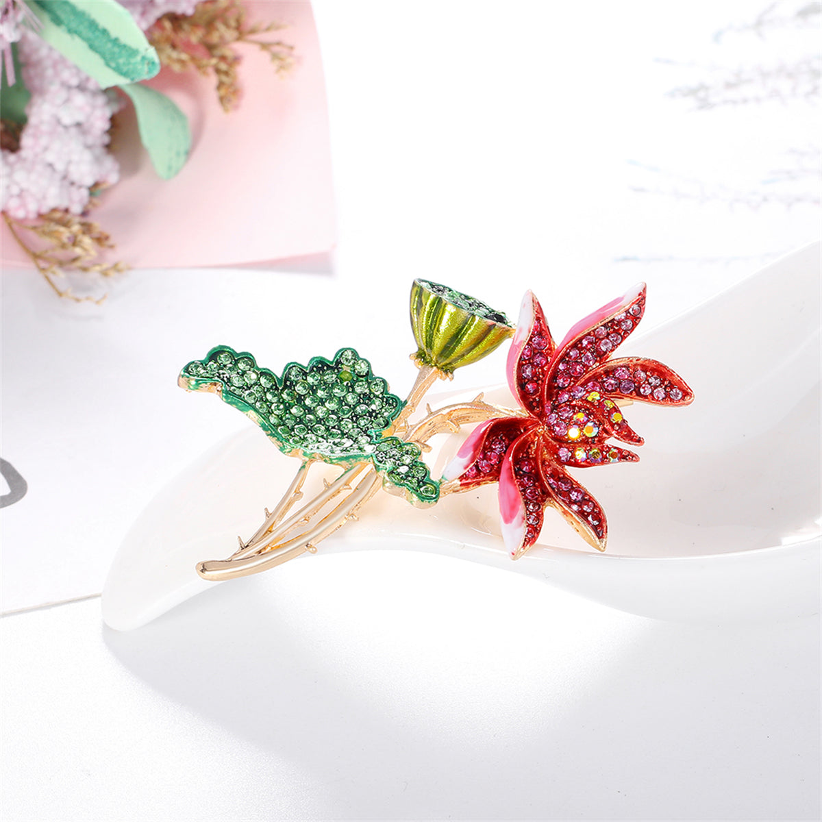 Green Enamel and Multicolor Cubic Zirconia 18K Gold-Plated Lotus Brooch, gold brooch pin, lifestyle look