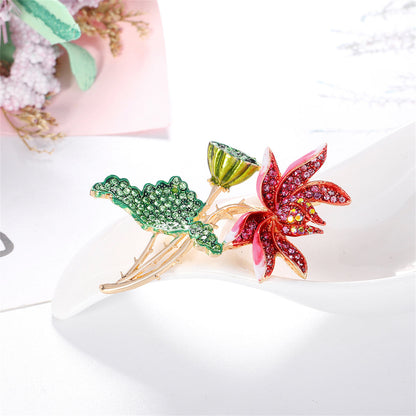 Green Enamel and Multicolor Cubic Zirconia 18K Gold-Plated Lotus Brooch, gold brooch pin, lifestyle look