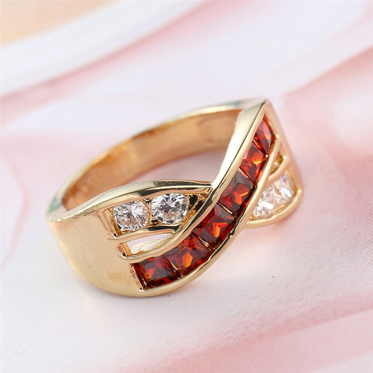 Red Crystal and Cubic Zirconia Princess-Cut Crisscross Ring, statement rings for women, everyday style, front view