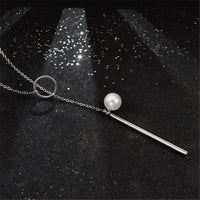Pearl & Silvertone Bar & Ring Pendant Necklace