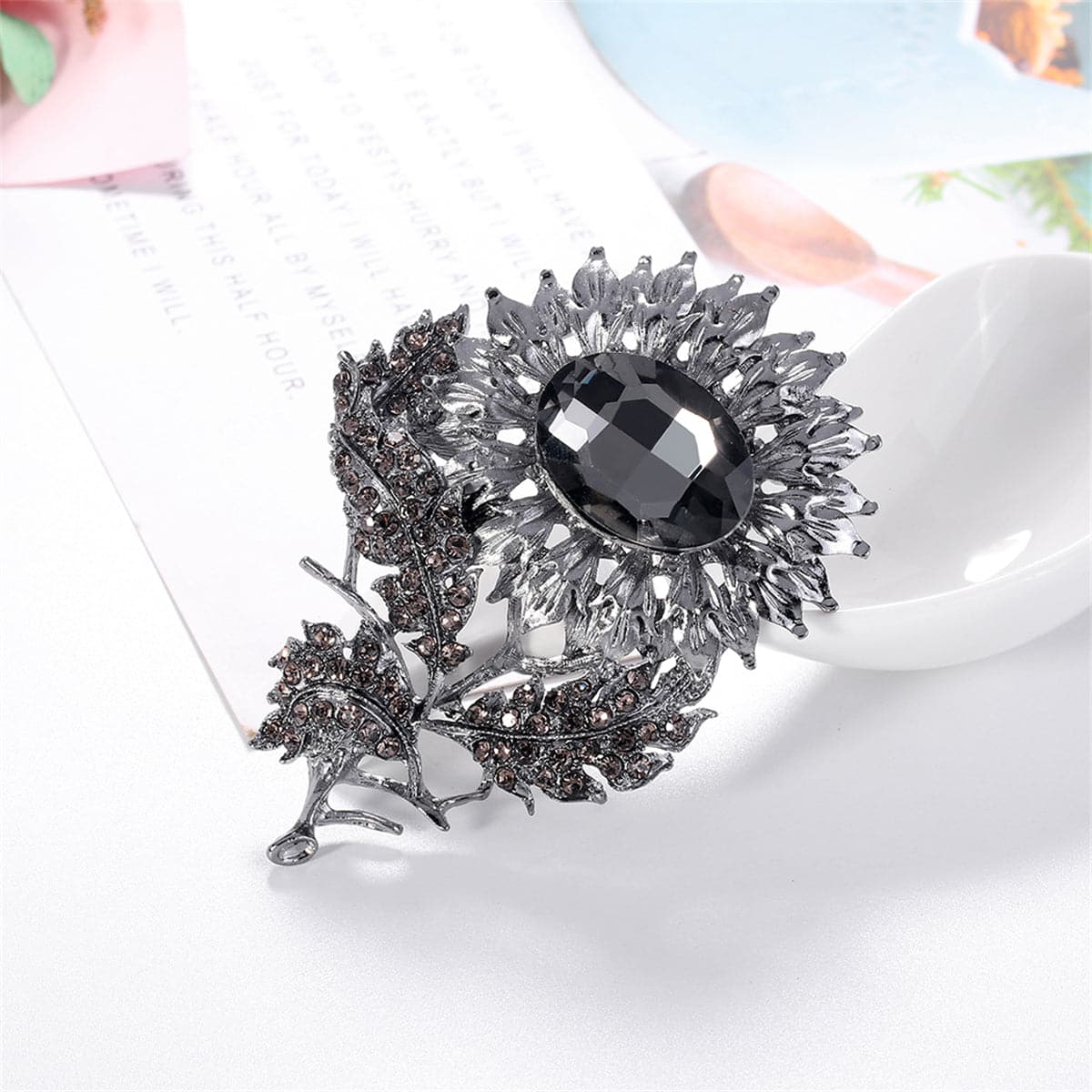 Black Crystal & Cubic Zirconia Sunflower Brooch