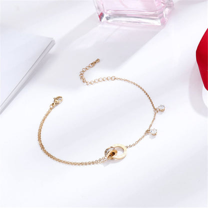 18K Rose Gold-Plated and Cubic Zirconia Crossing Ring Charm Anklet, rose gold anklet bracelet, detail close-up