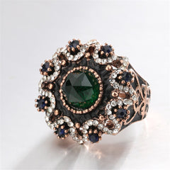 Green Crystal & Cubic Zirconia Floral Pattern Ring