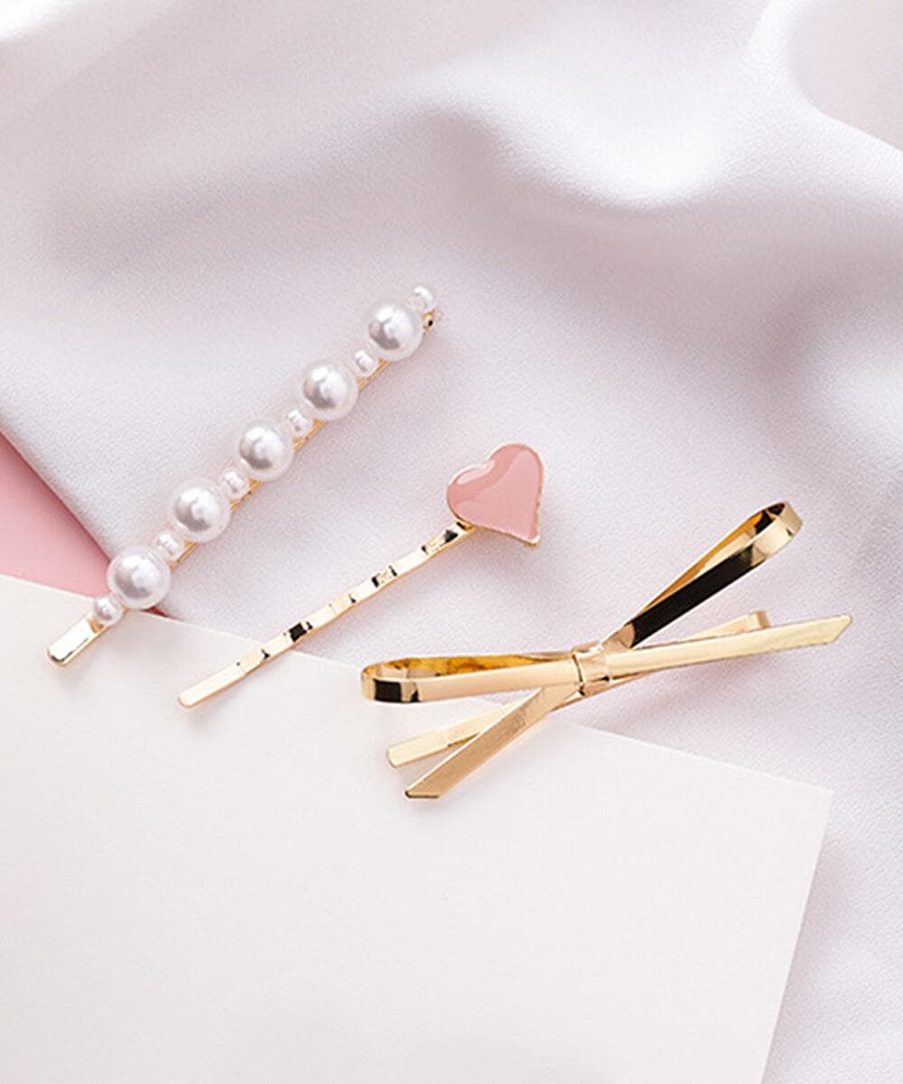 Pearl and Enamel 18K Gold-Plated Heart Bow Hair Clip Set, jewelry gift sets for women, everyday style, detail close-up