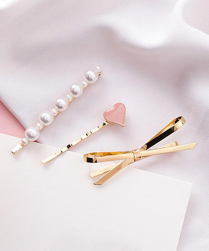 Pearl and Enamel 18K Gold-Plated Heart Bow Hair Clip Set, jewelry gift sets for women, everyday style, detail close-up