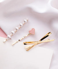 Pearl & Enamel 18K Gold-Plated Heart Bow Hair Clip Set