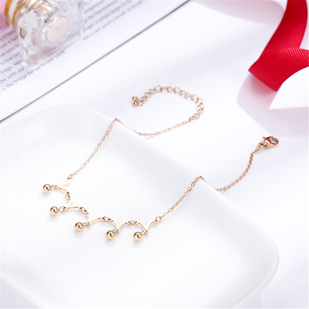 18K Rose Gold-Plated Crown Charm Anklet, rose gold anklet bracelet, elegant gift for her, detail close-up