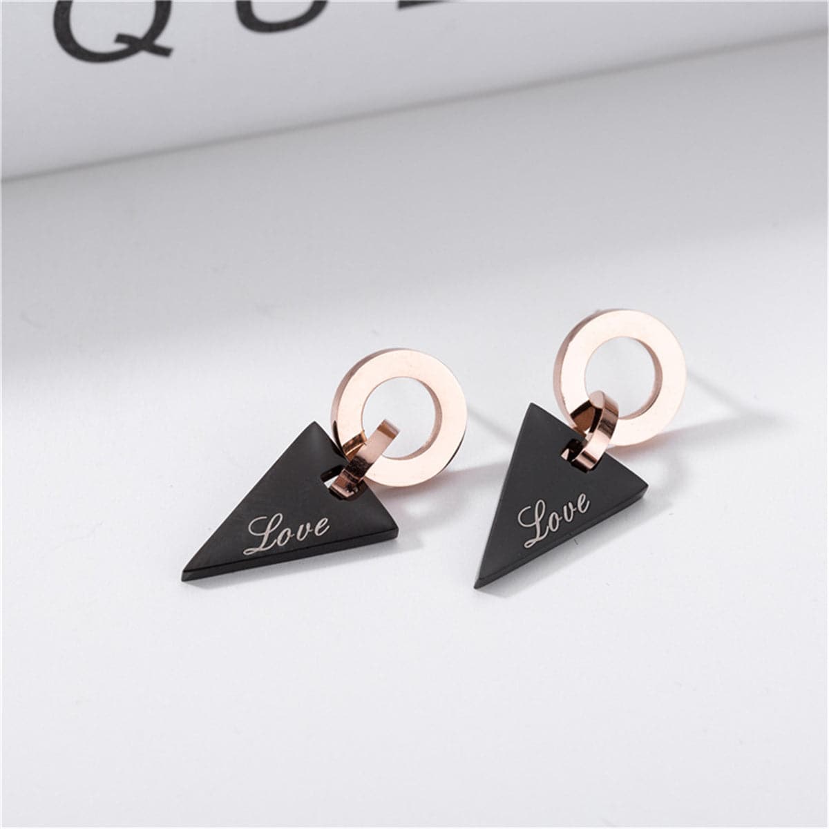 Black and 18K Rose Gold-Plated 'Love' Triangle Drop Earrings, rose gold drop earrings for women, lifestyle look