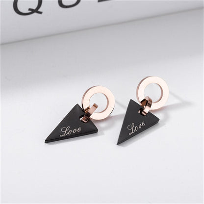 Black and 18K Rose Gold-Plated 'Love' Triangle Drop Earrings, rose gold drop earrings for women, lifestyle look