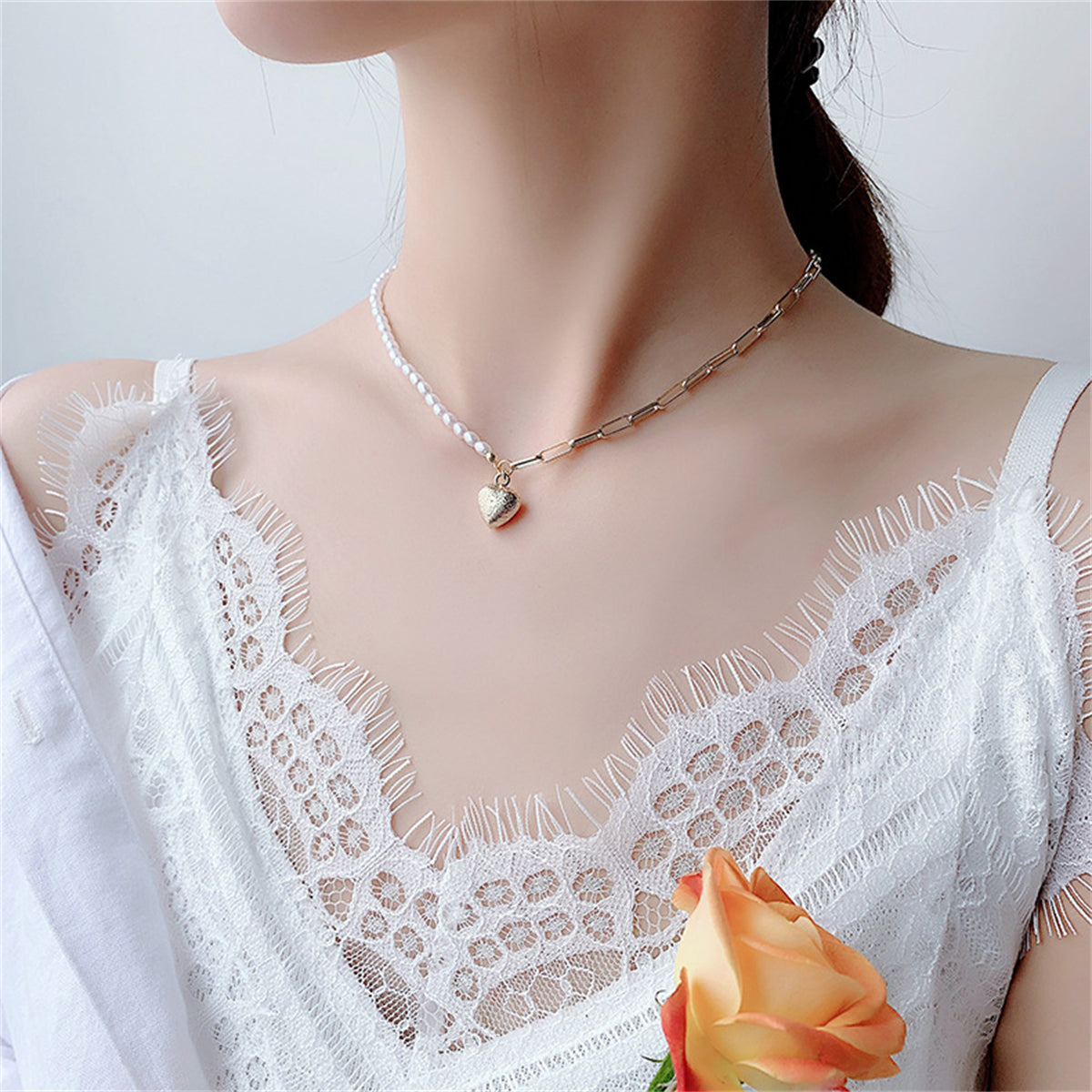 Pearl and 18K Gold-Plated Heart Pendant Necklace, gold pendant necklace for women, dainty minimalist design, side view