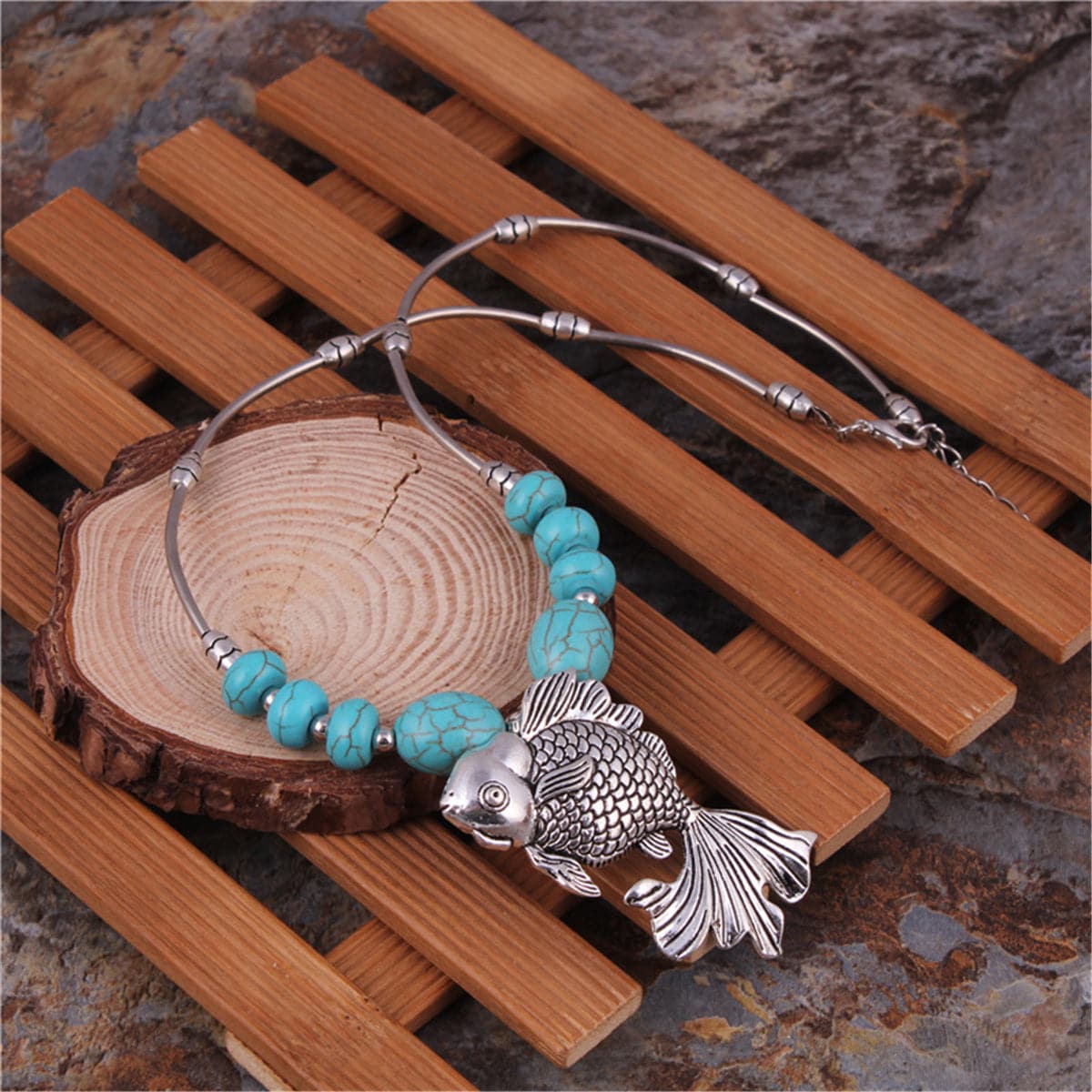 Turquoise & Silver-Plated Fish Pendant Necklace
