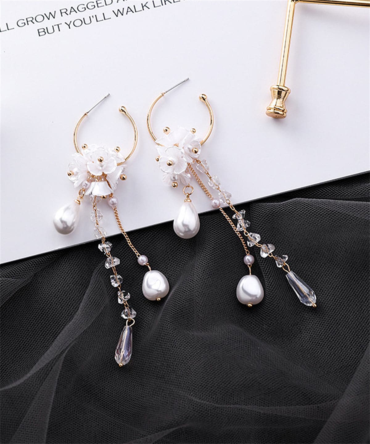 Pearl & Crystal 18K Gold-Plated Floral Tassel Drop Earrings