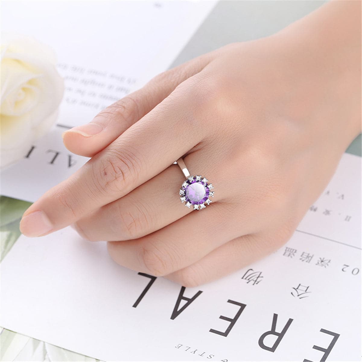 Purple Crystal & Cubic Zirconia Silver-Plated Sunflower Ring