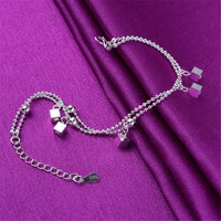 Fine Silver-Plated Cube & Bead Double-Strand Anklet
