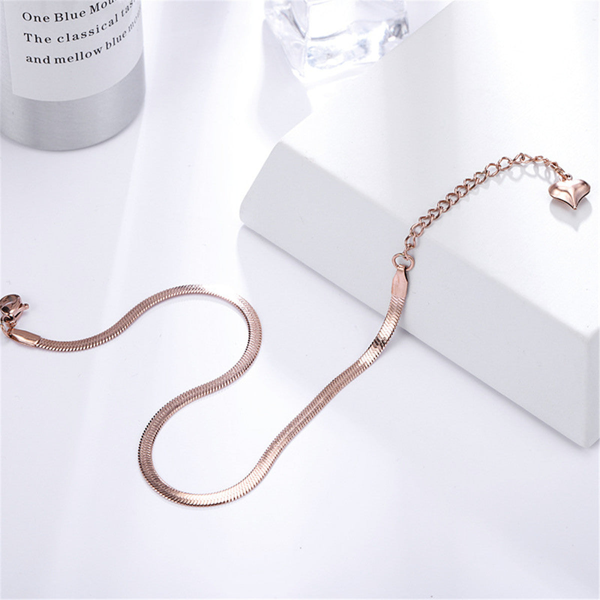 18K Rose Gold-Plated Snake Chain Anklet, rose gold bracelet for women, elegant gift for her, lifestyle look