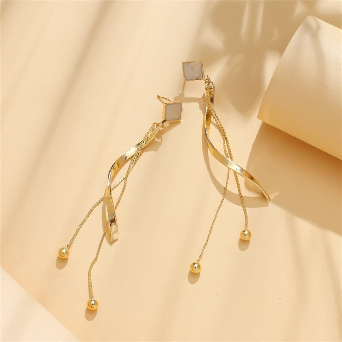 White Enamel and 18K Gold-Plated Rhombus Twisted Tassel Drop Earrings, gold drop earrings for women, lifestyle look