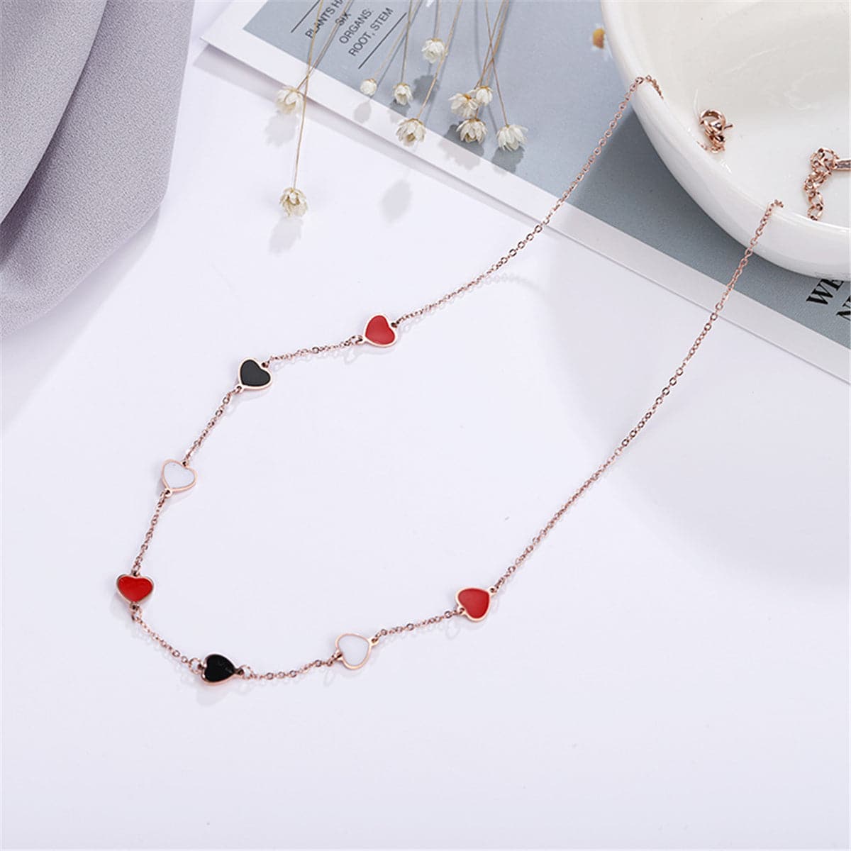 18K Rose Gold-Plated Heart Station Necklace, rose gold pendant necklace for women, vintage-inspired design, styled look