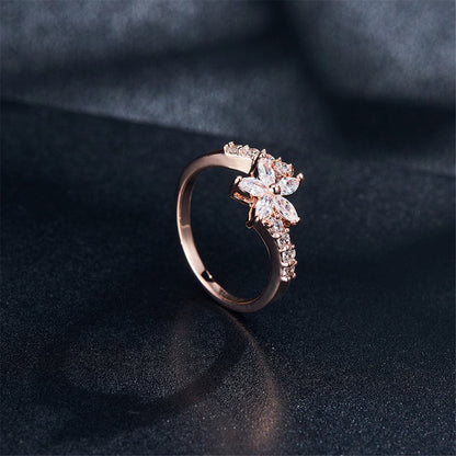 Crystal and Cubic Zirconia Clover Ring, statement rings for women, botanical inspired, side view
